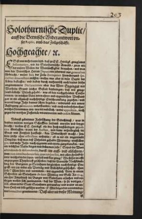 Solothurnische Duplic, auff die Bernische Widerantwort unser Replic, umb das Zollgeschäfft.