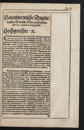 Solothurnische Duplic, auff die Bernische Widerantwort unser Replic, umb das Zollgeschäfft.