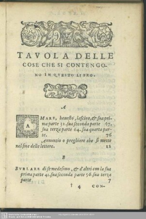 Tavola Delle Cose Che Si Contengono In Questo Libro