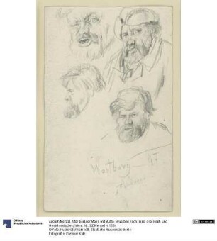 Alter bärtiger Mann mit Mütze, Brustbild nach links, drei Kopf- und Gesichtsstudien
