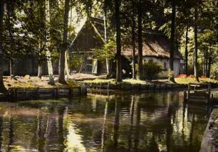 Lehde im Spreewald. Kleines Gehöft mit Wohnstallhaus. Blick über ein Fließ mit Holzspundwand-Befestigung und Fischkasten