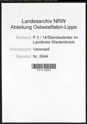 Sterberegister Standesamt Varensell