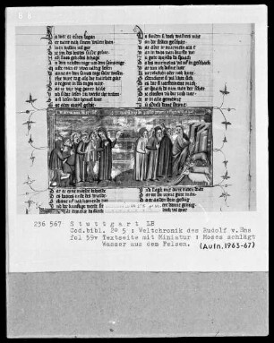 Weltchronik des Rudolf von Ems — Textseite mit zwei Miniaturen, Folio 59verso
