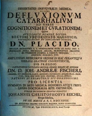 Dissertatio Inavgvralis Medica, Sistens Deflvxionvm Catarrhalivm Ad Nares Cognitionem Et Cvrationem
