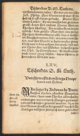 LXV. Tischreden D. M. Luth. Von fürtrefflichen kriegs Heuptleuten und Helden.