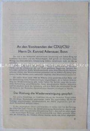 Flugschrift aus der DDR zur Verbreitung in der Bundesrepublik mit dem Wortlaut des Briefes von Ulbricht an Adenauer (in neutralem Umschlag)