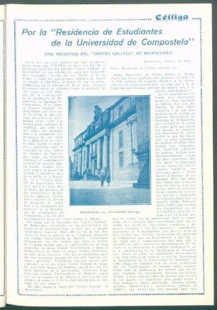 Por la "Residencia de Estudiantes de la Universidad de Compostela" : Una iniciativa del "Centro Gallego" de Montevideo