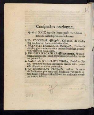 Conspectus orationum, quae d. XXIX Aprilis hora post meridiem secunda in classe prima recitabuntur