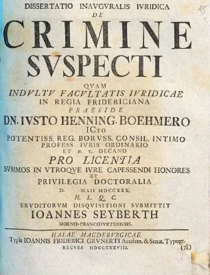 Dissertatio Inavgvralis Ivridica De Crimine Svspecti