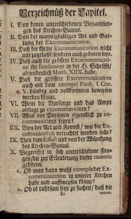 Verzeichnüß der Kapitel.