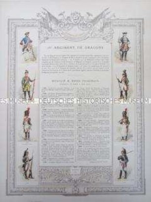 Uniformdarstellung, Rüstungen und Uniformen von Soldaten des 18. Dragoner-Regiments und Zeittafel von Schlachten und Belagerungen mit Beteiligung dieses Regiments bzw. seiner Vorläufer, Frankreich, 1744-1815.