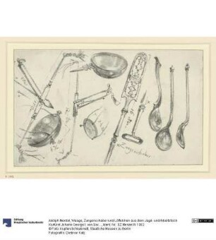 Waage, Zungenschaber und Löffelchen aus dem Jagd- und Arbeitstisch Kurfürst Johann Georgs I. von Sachsen, Historisches Museum, Dresden