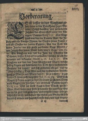 Leichenpredigt : Vorbereitung. Textus. Exordium. Tractatio