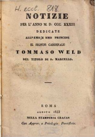 Notizie : per l'anno .... 1833