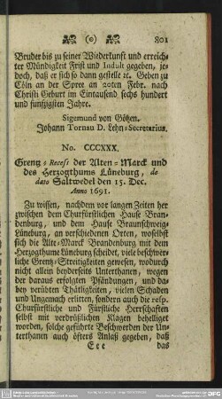 No. CCCXXX. Grentz-Recess der Alten-Marck und des Hertzogthums Lüneburg, de dato Saltwedel den 15. Dec. Anno 1691