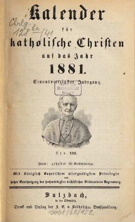 Kalender für katholische Christen : auf d. Jahr ... 41. 1881