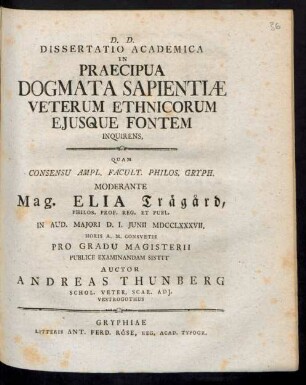 Dissertatio Academica In Praecipua Dogmata Sapientiæ Veterum Ethnicorum Eiusque Fontem Inquirens