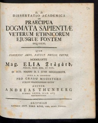 Dissertatio Academica In Praecipua Dogmata Sapientiæ Veterum Ethnicorum Eiusque Fontem Inquirens