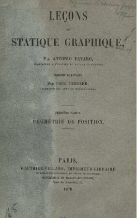 P. 1: Leçons de statique graphique. Première Partie