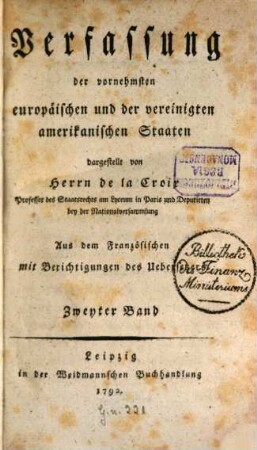 Verfassung der vornehmsten europäischen und der vereinigten amerikanischen Staaten, 2