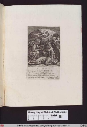 Die Heilige Caecilia am Boden liegend mit zwei Frauen, die ihre Halswunde versorgen, darüber Christus und ein Engel mit Krone und Palmzweig.