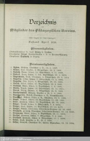 Verzeichnis der Mitglieder des Pädagogischen Vereins