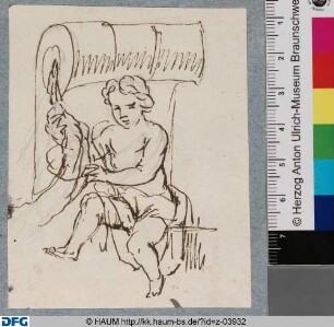 Putto mit Girlande in einer Volute sitzend