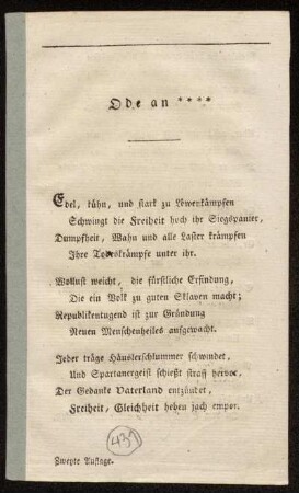 Ode an **** : Im Hauptquartier zu Mainz, den 16ten Jänners 1793, im zweiten Jahre der Republik