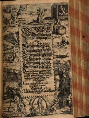 Vrsprung vnd Ordnungen der Bergwerge Inn Königreich Böheim Churfürstenthum Sachsen Ertzhertzogthum Osterreich Fürstenthumb Braunschweig vnd Lüneburgk. Graffschafft Hohenstein : Deren einstheils biß an hero noch nie in Druck ausgangen Alles mit vleis zusammen getragen Vnd was in iedem gehandelt auff Nachfolgendem Blat zu befindenn