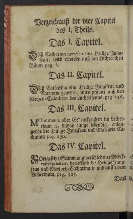 Verzeichnuß der vier Capitel des I. Theils.
