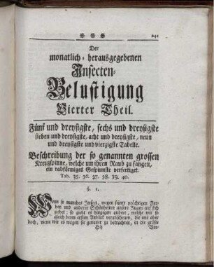 Insecten-Belustigung Vierter Theil. Fünf und dreysigste Tabelle [bis] Vierzigste Tabelle.