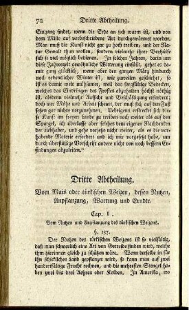 Dritte Abtheilung. Vom Mais oder türkischen Weizen, dessen Putzen, Anpflanzung, Wartung und Erndte.