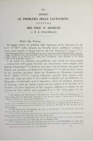 Intorno al problema delle tautocrone. Lettera del Prof. F. Brioschi a D. B. Boncompagni.