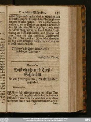 Ein ander Condolentz- und Trost-Schreiben An ein Frauenzimmer, der ihr Bruder gestorben.