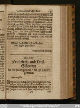 Ein ander Condolentz- und Trost-Schreiben An ein Frauenzimmer, der ihr Bruder gestorben.