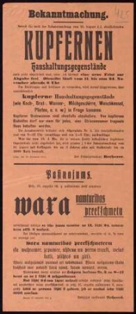 "Bekanntmachung." Requirierung von kupfernen Haushaltungsgegenständen