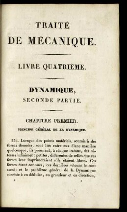 Chapitre premier. Principe généal de la dynamique.