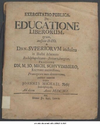 Exercitatio Publica, De Educatione Liberorum
