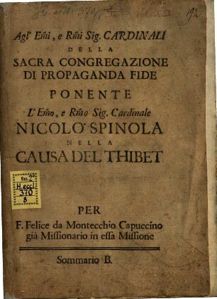 Agl'Cardinali ... della congregazione di propaganda fide ...