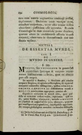 Sectio I. De Essentia Mundi