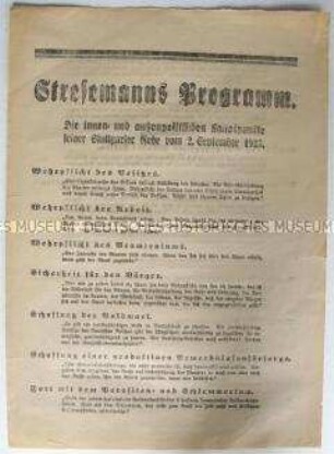 Flugblatt mit Auszügen aus einer Rede Stresemanns vom 23. September 1923