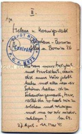 Tagebuch (Band 2) von Harald von Koenigswald über die Endphase des Zweiten Weltkrieges in Norwegen und die Kapitulation Deutschlands, aufgeschrieben für seine Ehefrau - Familienkonvolut
