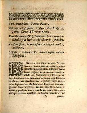 De Scientiarum Vanitate, et Praestantia Oratio Academica : Dicta est statis Academiae Genevensis Solennibus, die XVIII. Maii, Ann. MDCCV