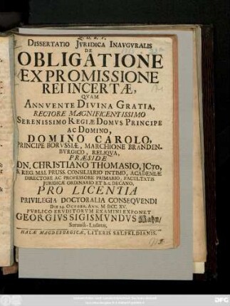 Dissertatio Jvridica Inavgvralis De Obligatione Ex Promissione Rei Incertæ