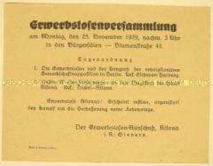 Versammlungseinladung des Erwerbslosenausschusses Altona mit 2 Vorträgen zum Kongress der revolutionären Gewerkschaftsopposition in Berlin und zu den Winterforderungen des Magistrats Altona