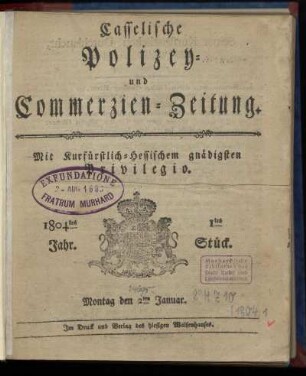 1tes Stueck, Montag den 2ten Januar 1804
