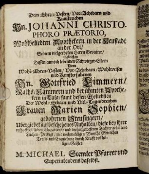 Dem [...] Hn. Johanni Christophoro Praetorio, [...]