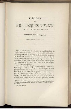 Catalogue Des Mollusques Vivants De L'Ile De Crémieu