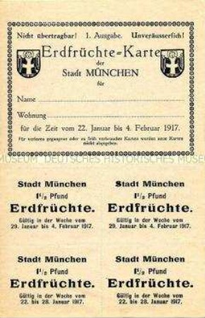 Bezugskarte mit 4 Marken der Stadt München für "Erdfrüchte" (blanko)