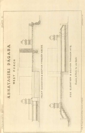 Plate XI. Abhayagiri Dágaba. West porch. Front elevation & section through A. B. C. D. D. E. Side elevation & aection through A. F. G.